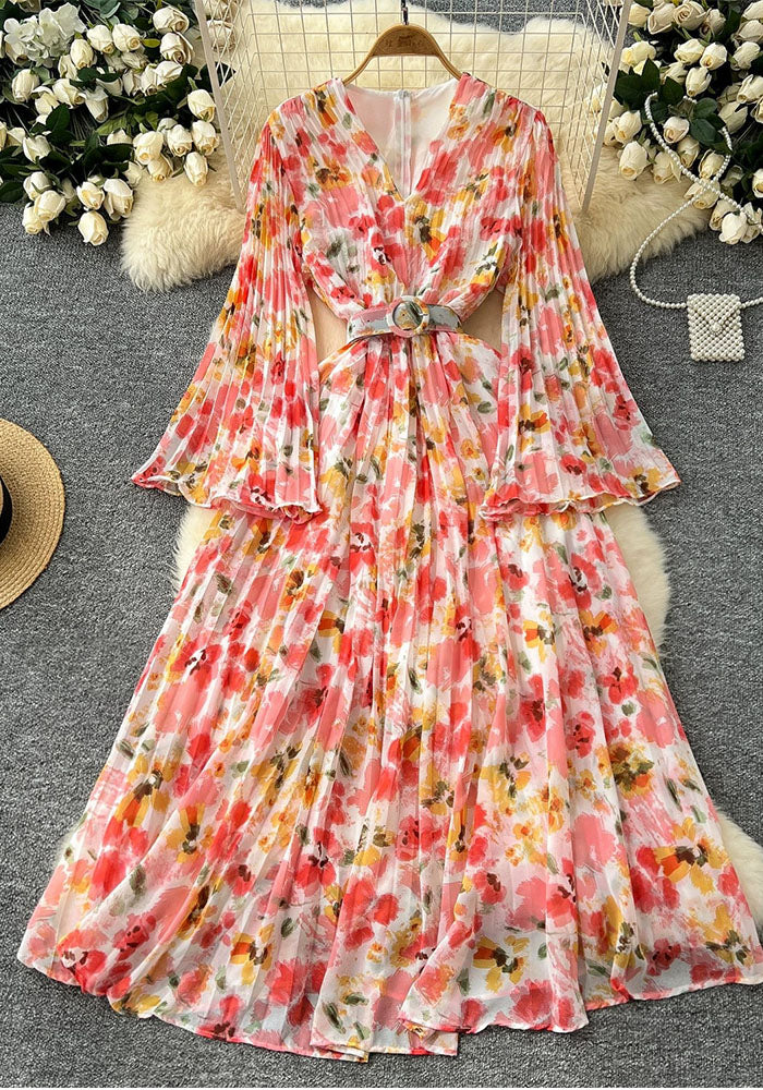 V-Neck Bell Bottom Long Sleeve Print Chiffon Dress Autumn Slim Waist  Chic Knee-Length Dress