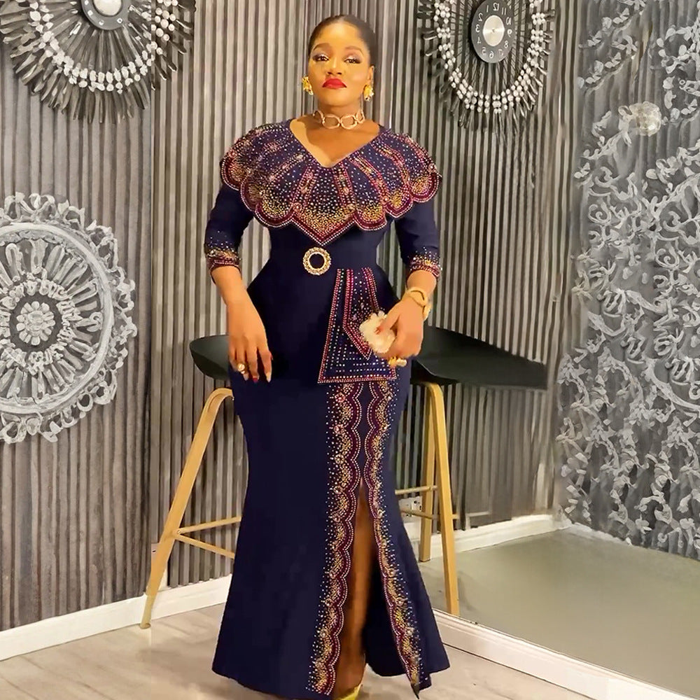 Africa Plus Size Women's Fashion Chic Elegant Formal Party Beaded V-Neck Dress