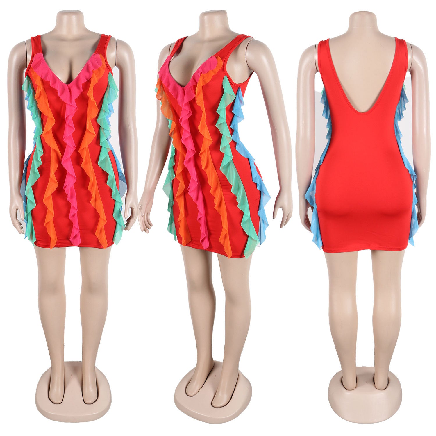 Women Contrasting Ruffles Line Irregular Mini Dress 19