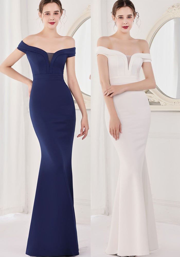 Summer Elegant Plain Off Shoulder Short Sleeve Evening Dress