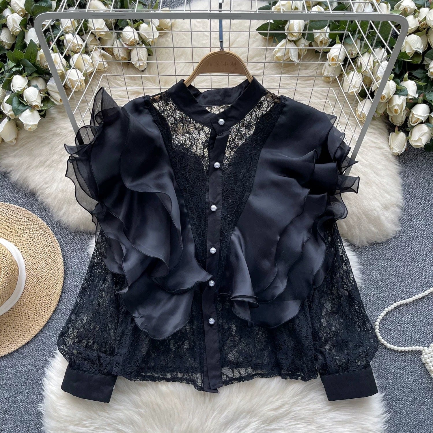 Luxury Ruffles Patchwork Round Neck Pearl Single-Breasted Lace Crop Top 7