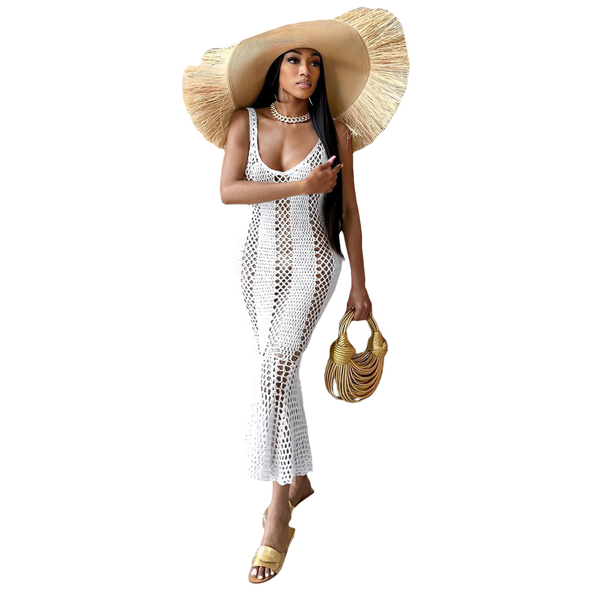 Women's Sexy Hollow Solid Color V-neck Knitting Sleeveless Mermaid Dress 11