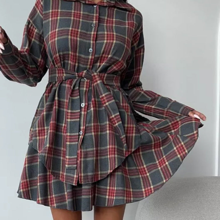 Women's Casual Plaid Turndown Collar Shirt Skirt Set 5
