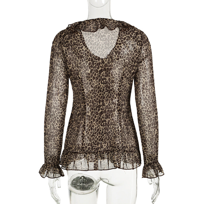 Women Sexy Ruffle Edge V Neck Animal Print Bell Bottom Sleeve Top 8