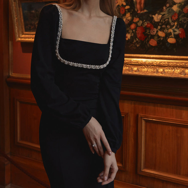 Women Chic Elegant Diamond Square Neck Long Sleeve Slim Waist Slit Bodycon Dress 4