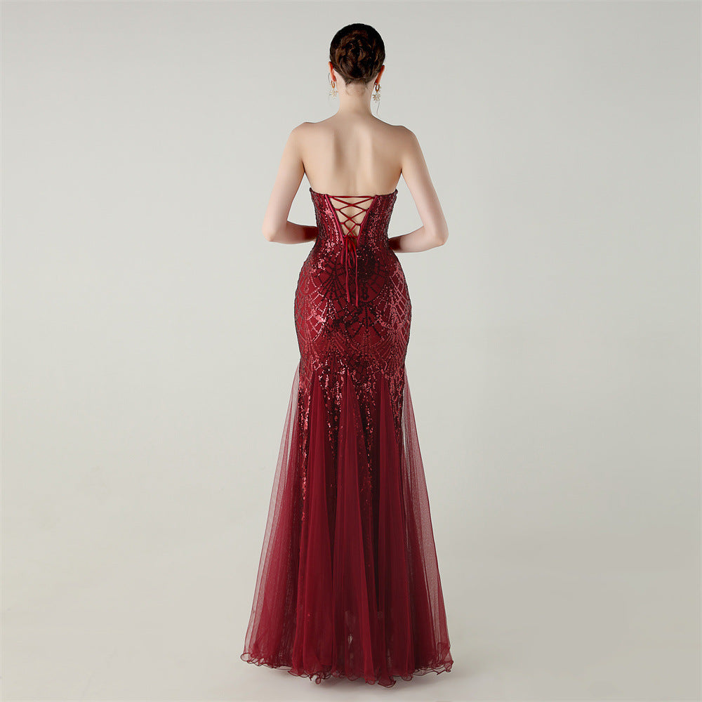 Women Strapless cross Lace-Up sequined tube flower sequined mesh evening dress Formal Party evening dress 94