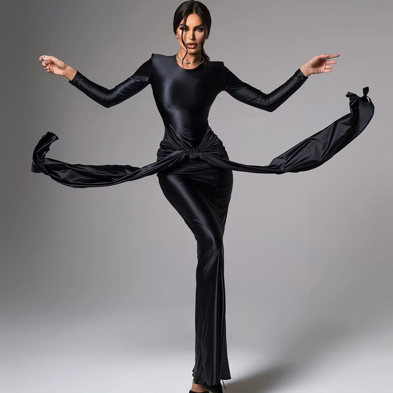 Women's Solid Color Round Neck Long-Sleeved Streamer Tie Chic Long Dress 4