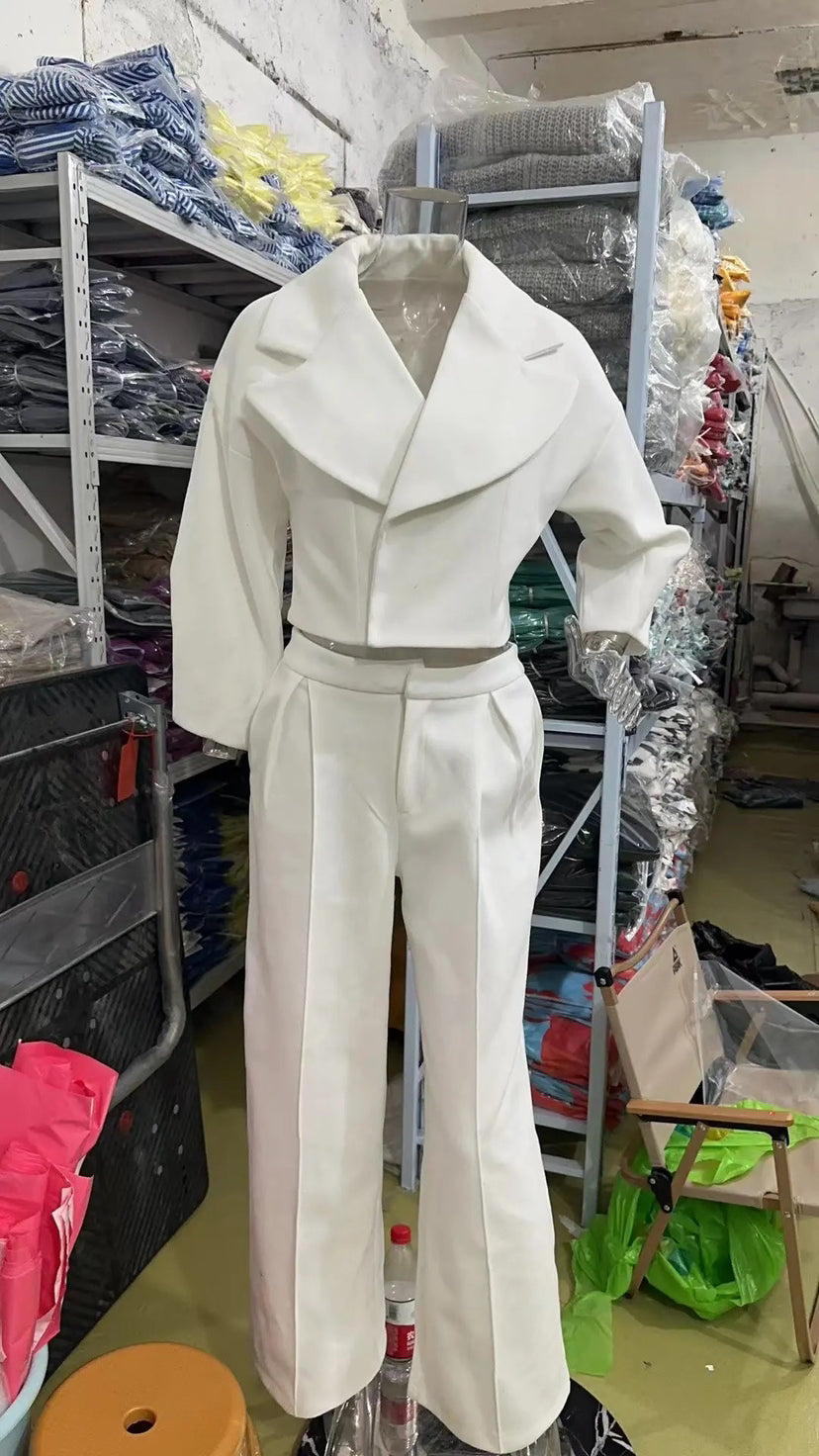 Autumn Long Solid Color Turndown Collar Slim Waist Slim Fit Two Piece Blazer Pants Set Chic Career Suit 14