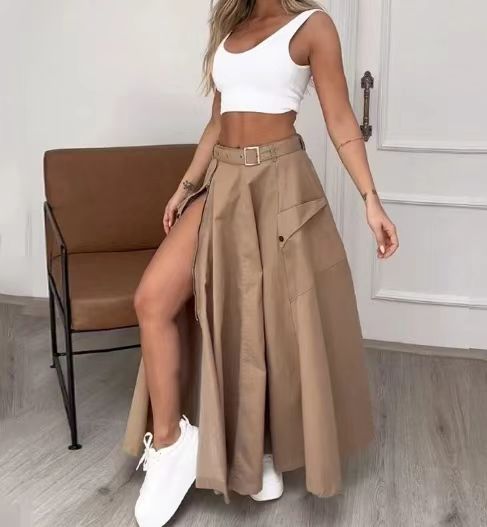 Summer Women's Sleeveless Solid Color Slit Two-Piece Skirt Set