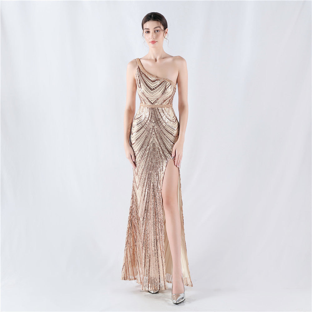 Women Flower Sequin Beaded One-shoulder Evening Dress 8