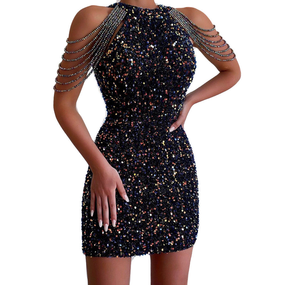 Women Sexy Halter Neck Off-Shoulder Tassel Bodycon Crystal Patchwork Sequin Dress 10