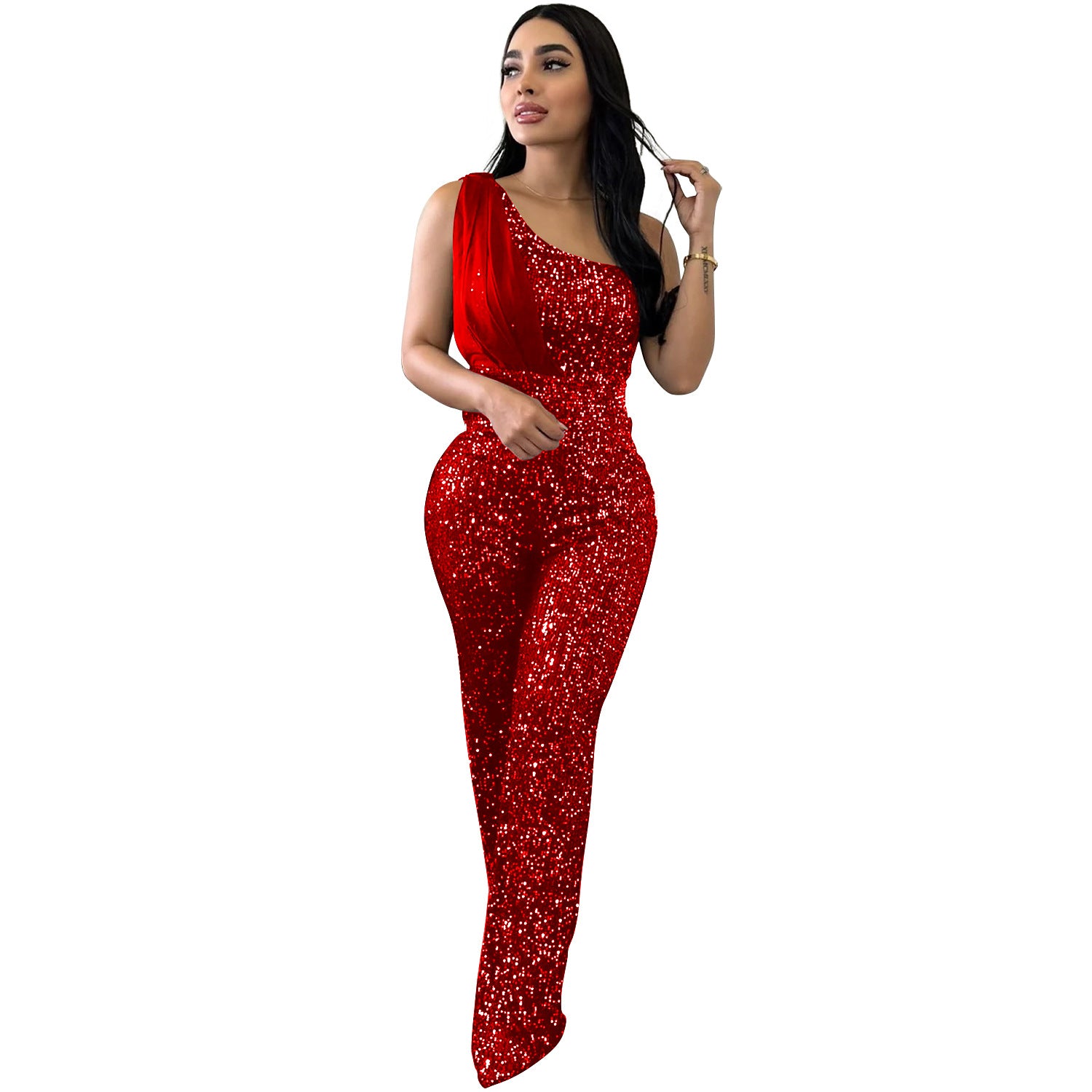 Women Solid Sleeveless One Shoulder Sequin Jumpsuit 15