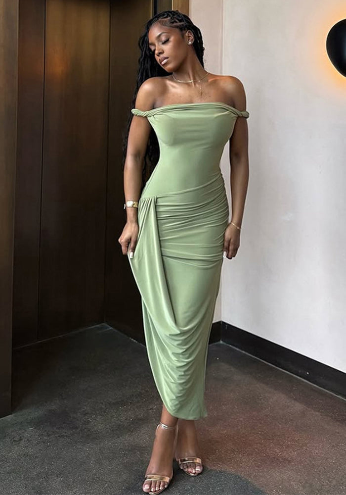 Women's Fashion Spring/Summer Sexy Off Shoulder Low Back Ruched Slim Long Dress