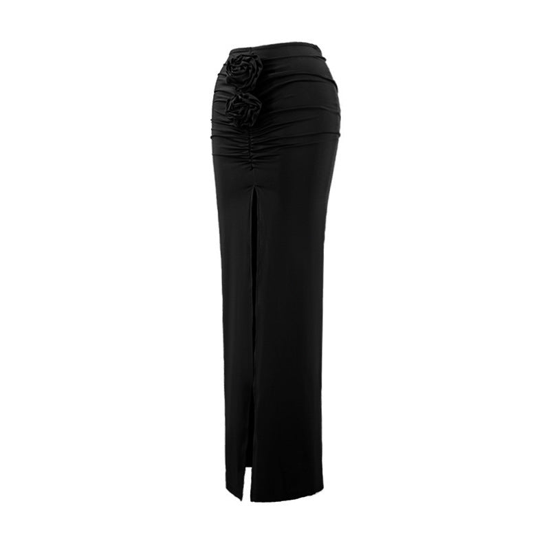 Summer Solid Color Slim Flower Split Long Skirt 16