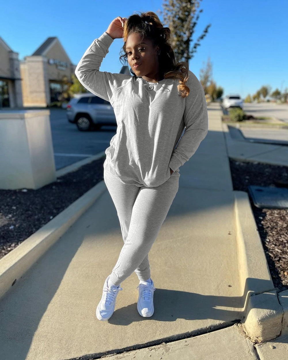 Women's Autumn winter solid color cotton drawstring pocket sports longs leeve two-piece pants set 4