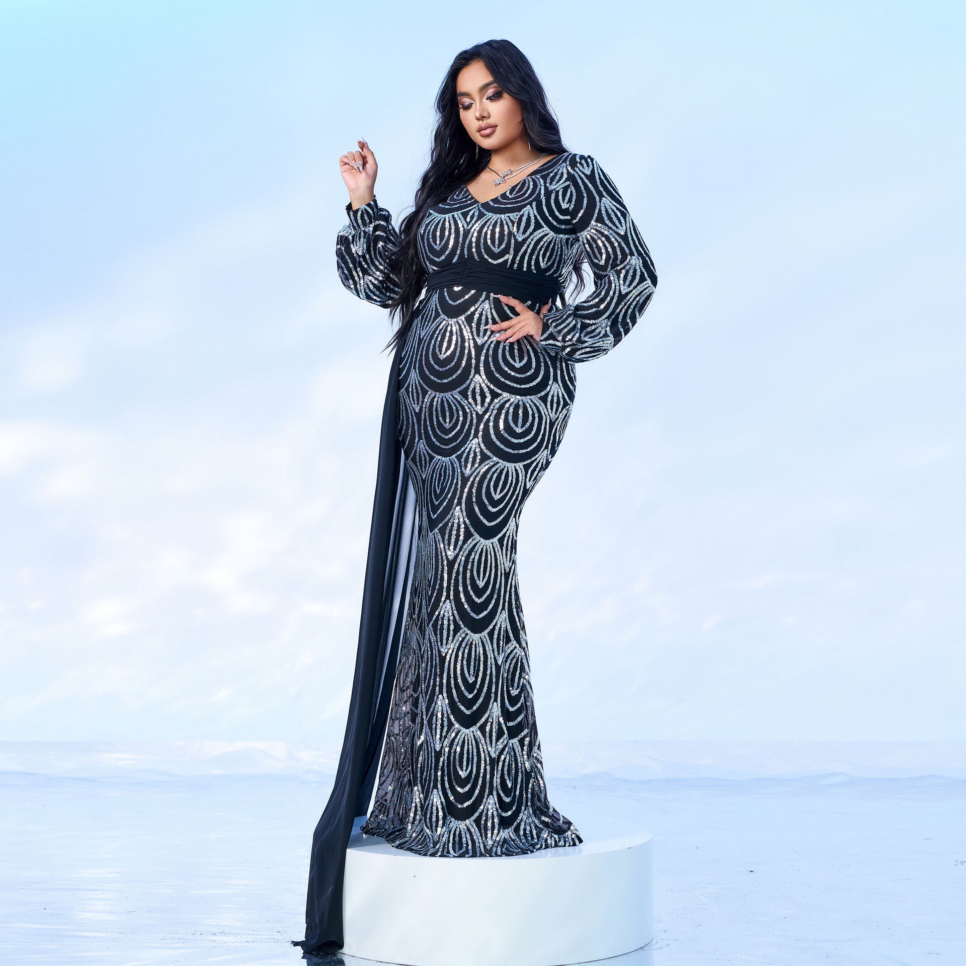 Plus Size Women's Long Sleeve V-Neck Formal Party Sequin Belt Evening Dress 5