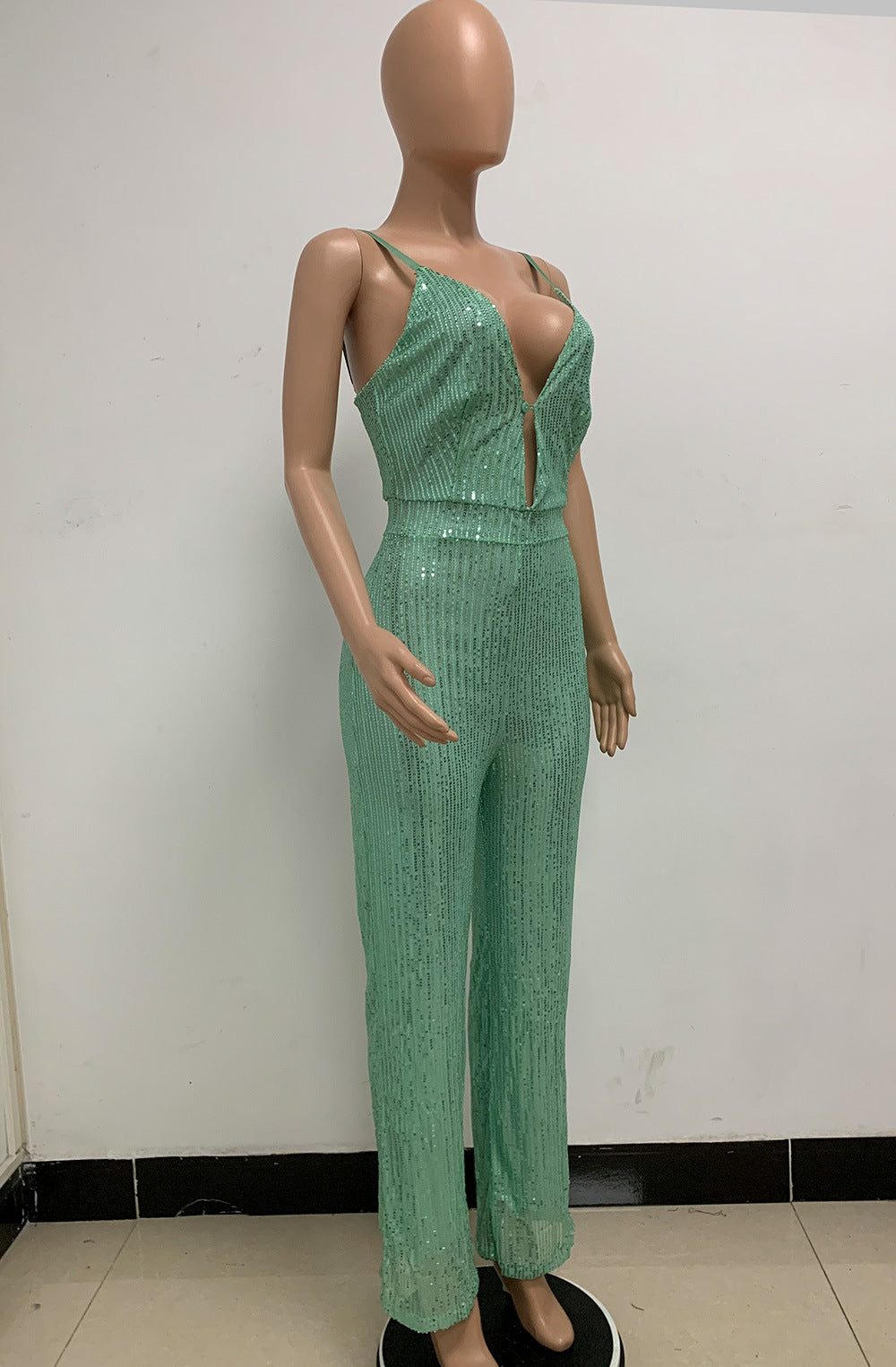 Deep V Neck Low Back Sleeveless Chic Sequined Straps Elegant Women's Party Jumpsuit 135