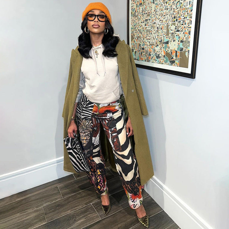 Women's Floral Leopard Print Cargo Loose Straight Trousers