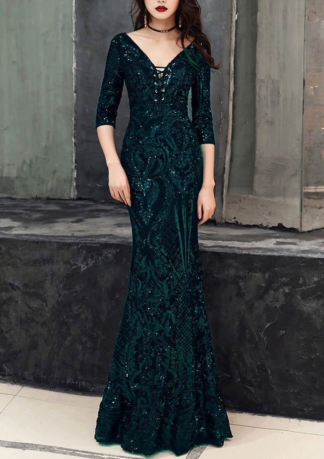 Deep V Sexy Fishtail Sequin Female Formal Party Mermaid Evening Dress 3