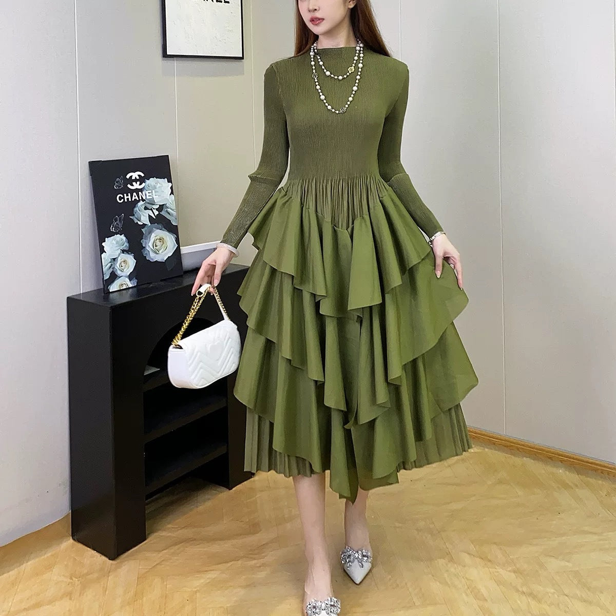Plus Size Fashion Flounce Chic Slim Waist Elegant Solid Cascading Ruffles Dress 12