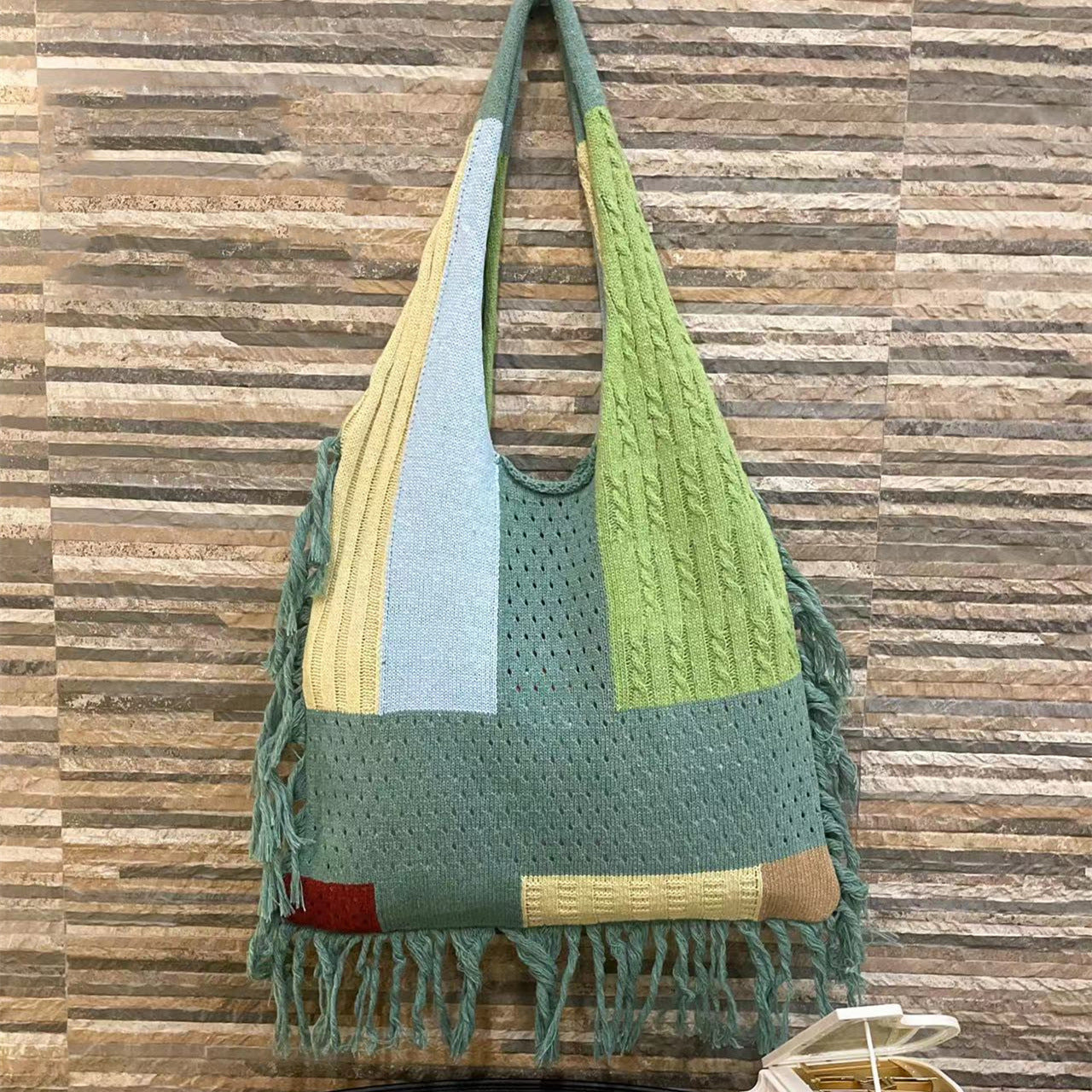 Fringed Women Patchwork Knitting Handbag Single Shoulder Bag Retro Knitting Bag 4