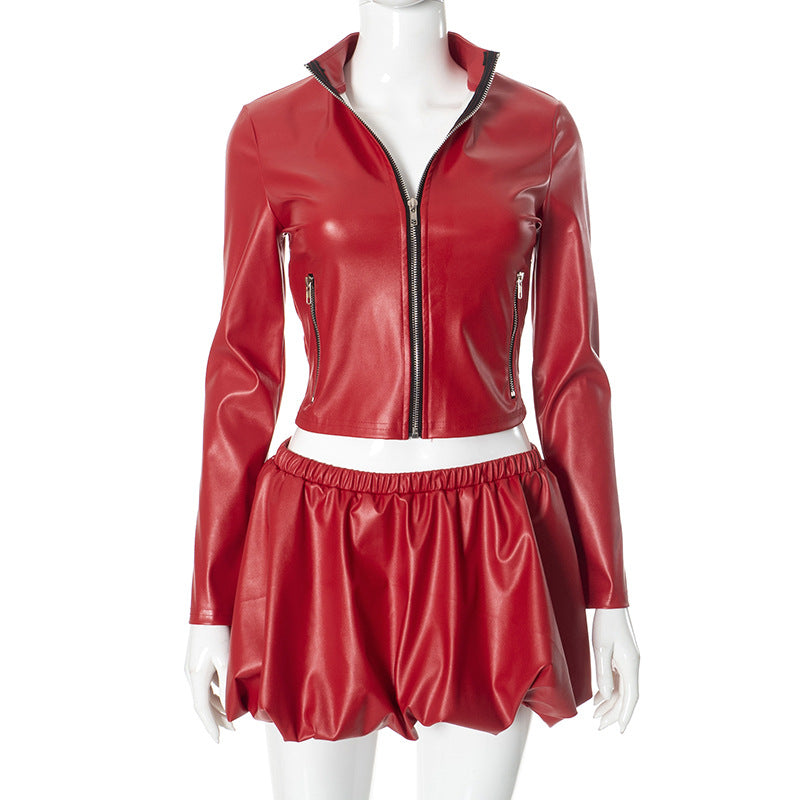Women nightclub sexy pu Leather jacket Top flower bud SKirt Two Piece Set 9