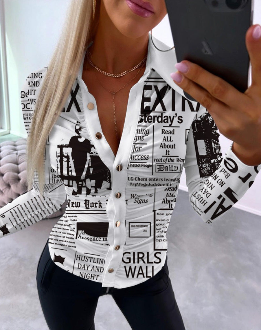 Plus Size Women Fall Sexy V-Neck Printed Shirt 4