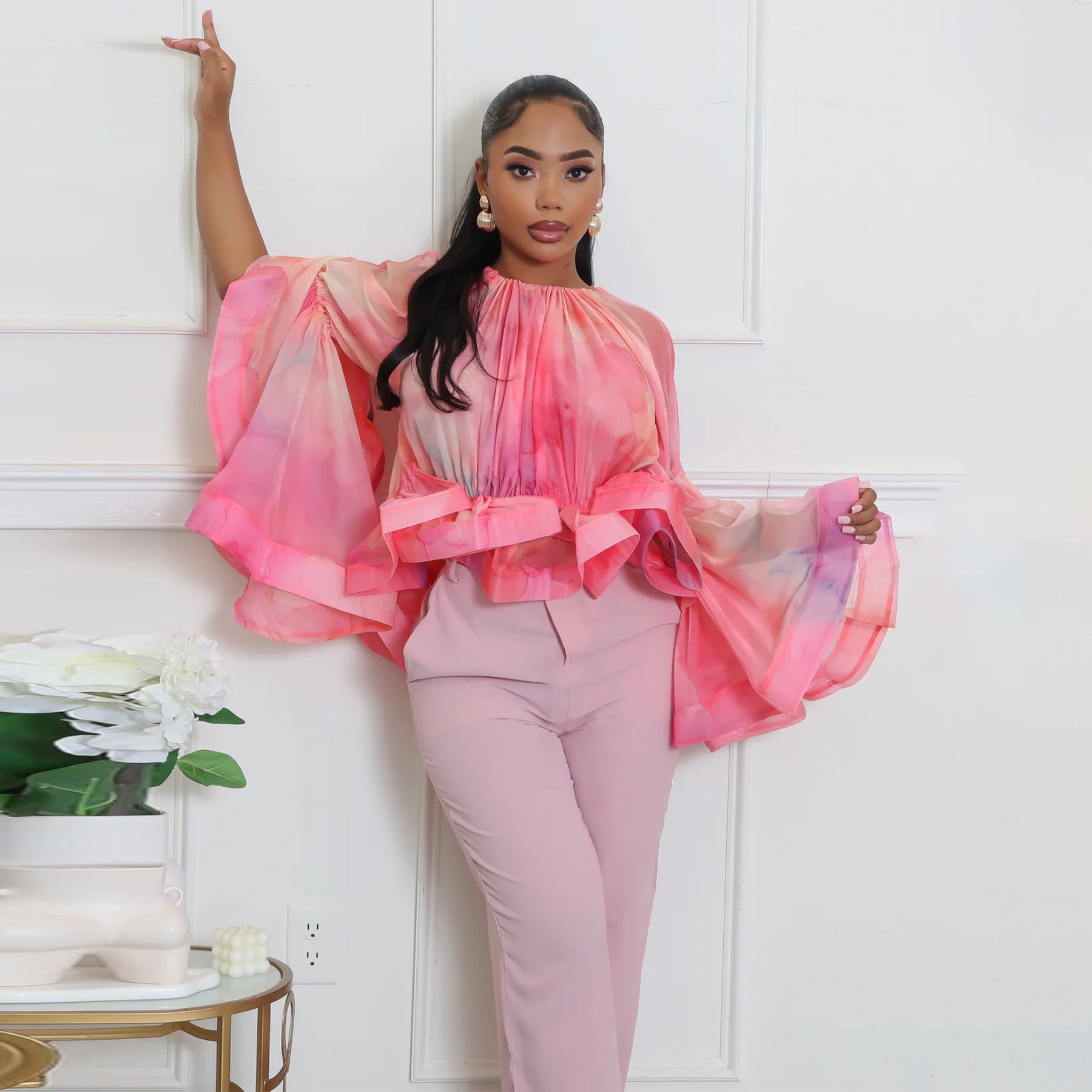 Women Sexy Off-The-Shoulder Mesh Print Bell Bottom Sleeve Top 5