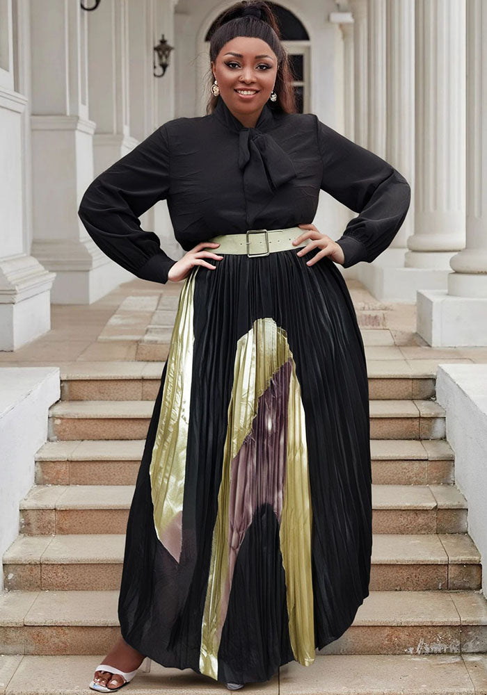 Plus Size Women lace-up long sleeve color matching pleated dress