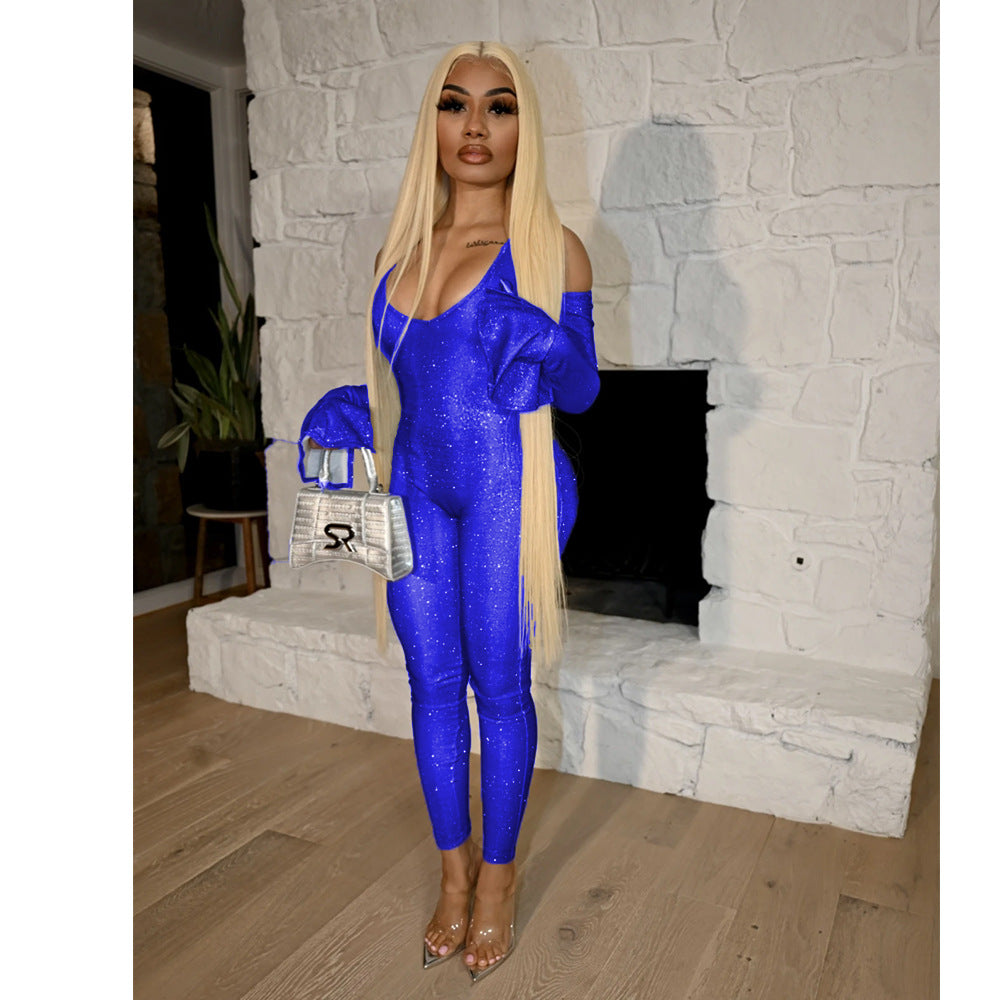 Autumn Winter Women's Tight Fitting Bell Sleeve Jumpsuit 4