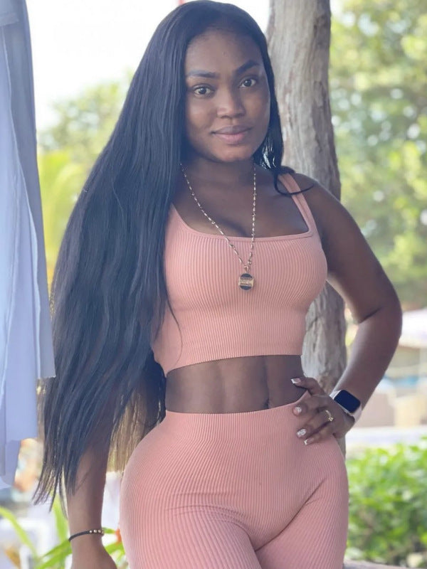 Summer Women's Clothing Knitting Sleeveless Fashion Casual Solid Color Two Piece Shorts Set 5