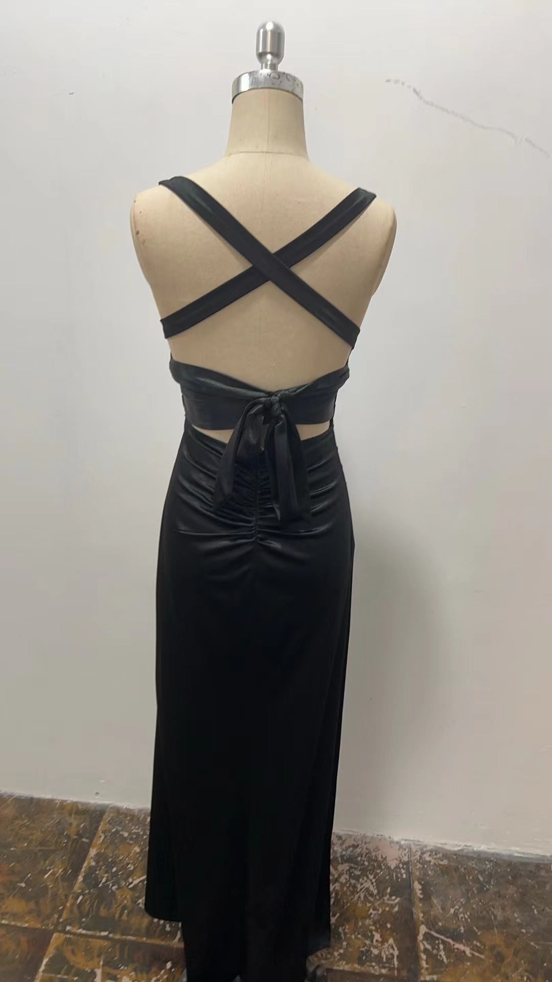 Women Black Formal Party Elegant Satin Strap Dress 10