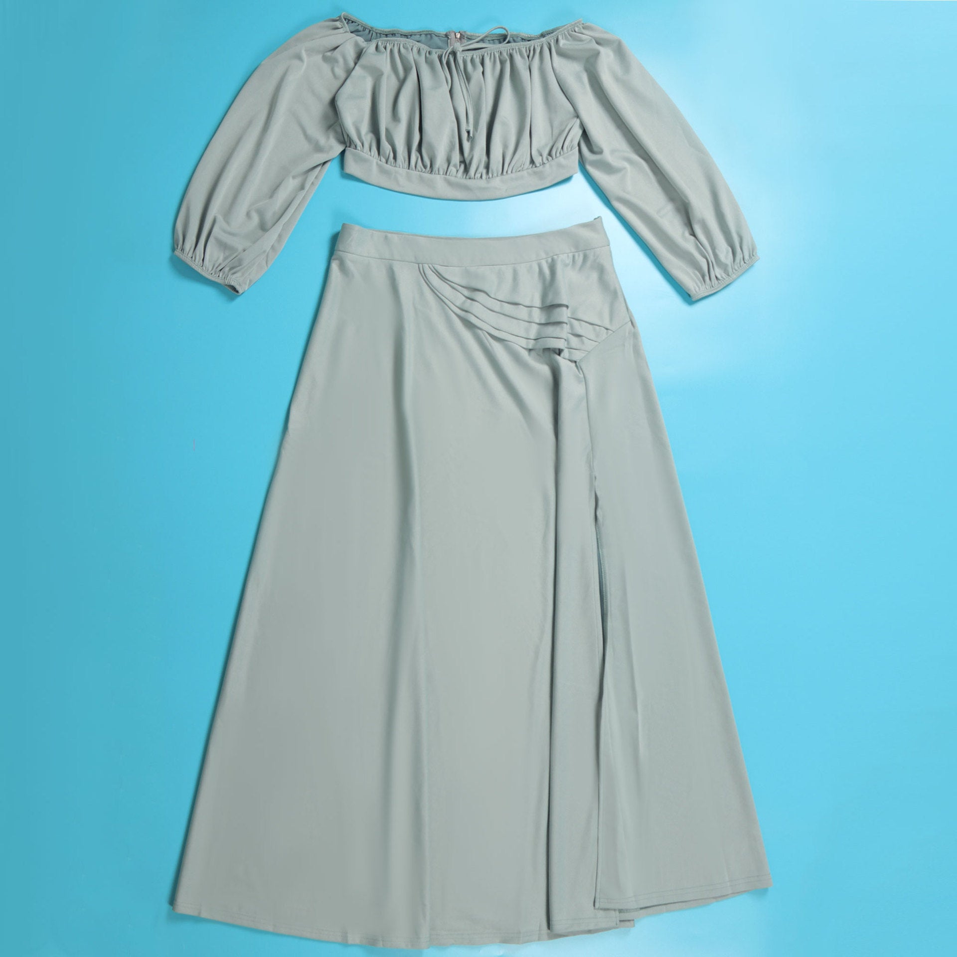 Plus Size Women Sexy Off Shoulder Balloon Sleeve Top and Skirt Two-Piece Set 36