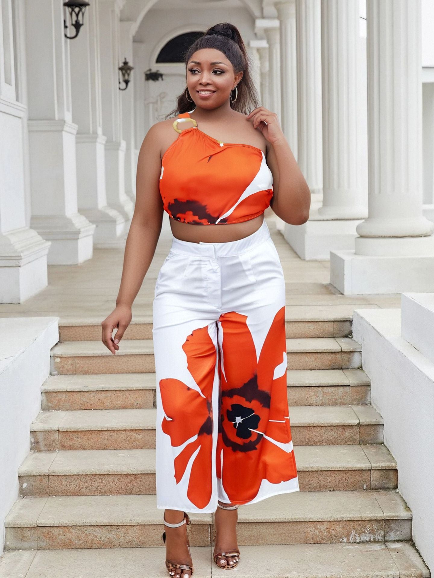 Plus Size Spring/Summer Printed One Shoulder Crop Top Wide Leg Pants Two Piece Set 5