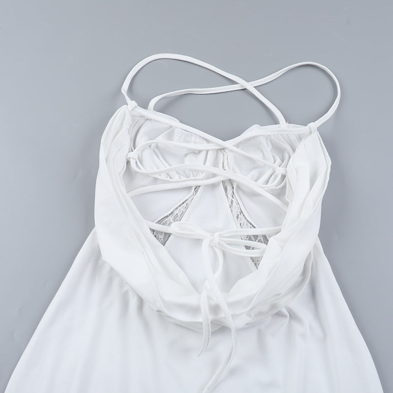 Women Lace Patchwork Lace-Up Strapless Dress 15