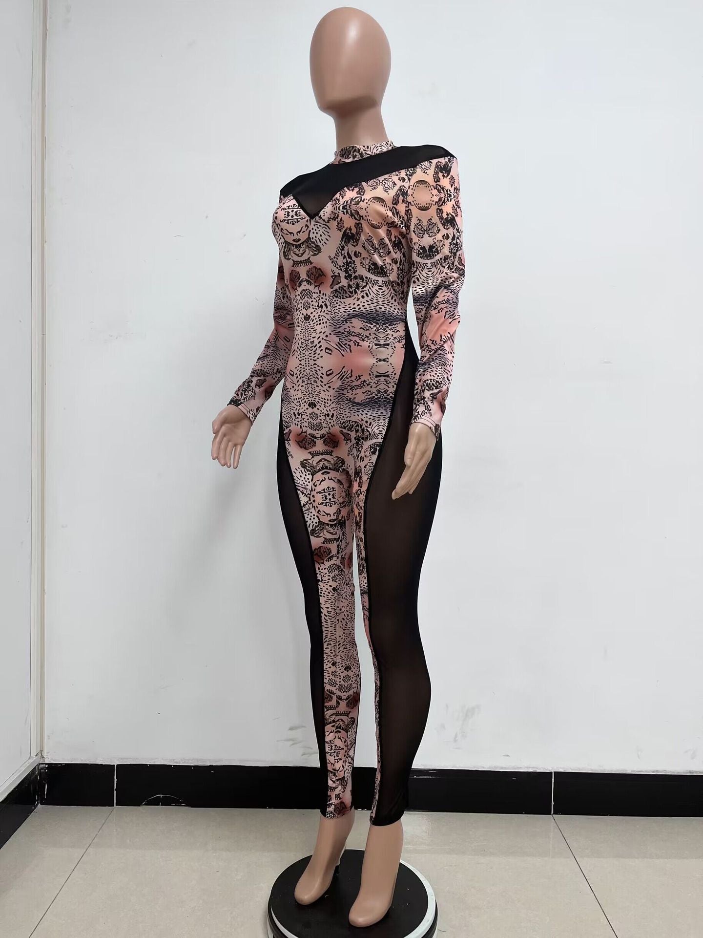 Women's Long-Sleeved Print See-Through Mesh Patchwork Slim Ladies Jumpsuit 8