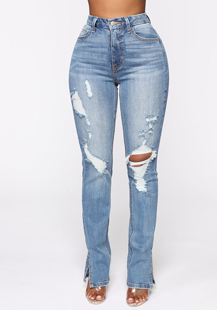 Slit Women's Blue Washed Ripped High Waist Stretch Denim Pants