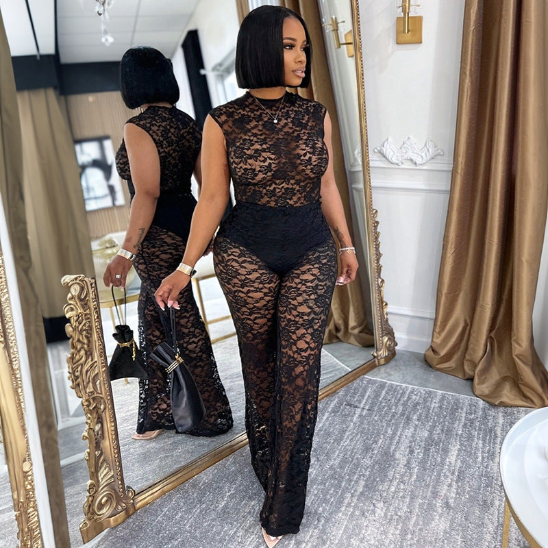 Women Sexy See-Through Lace Patchwork Bodysuit, Bell Bottom, Two-Piece Set 4