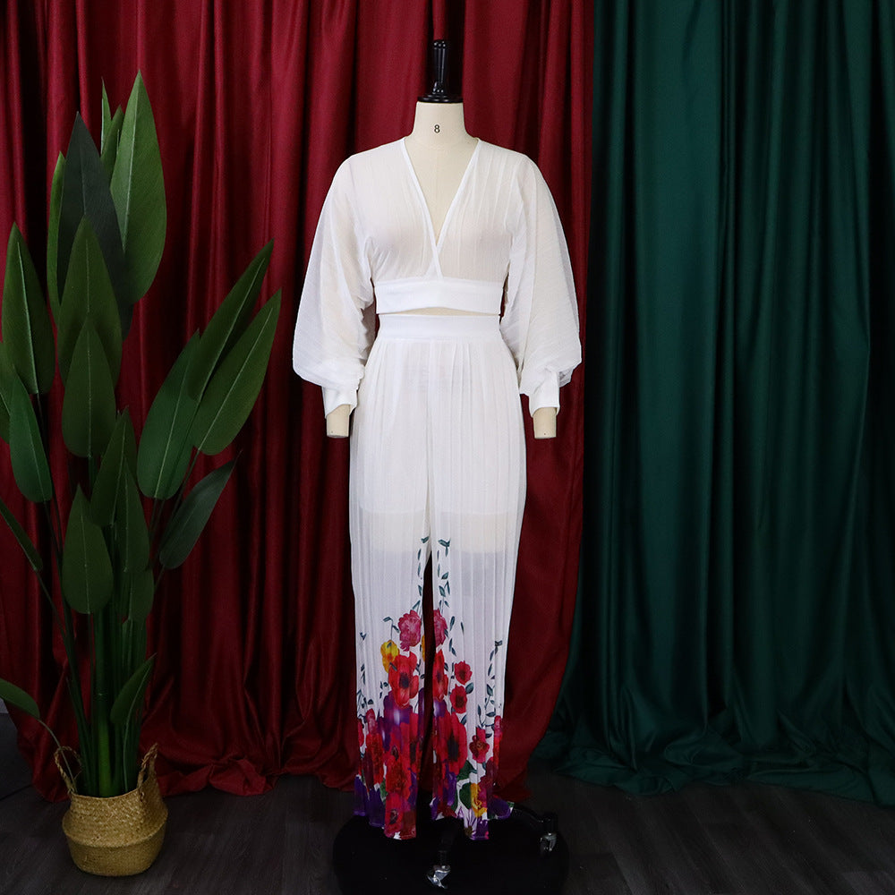 Fashion Suit Women's V-Neck Bat Sleeves Chiffon Top Pleated Wide Leg Pants Two Piece Set 16