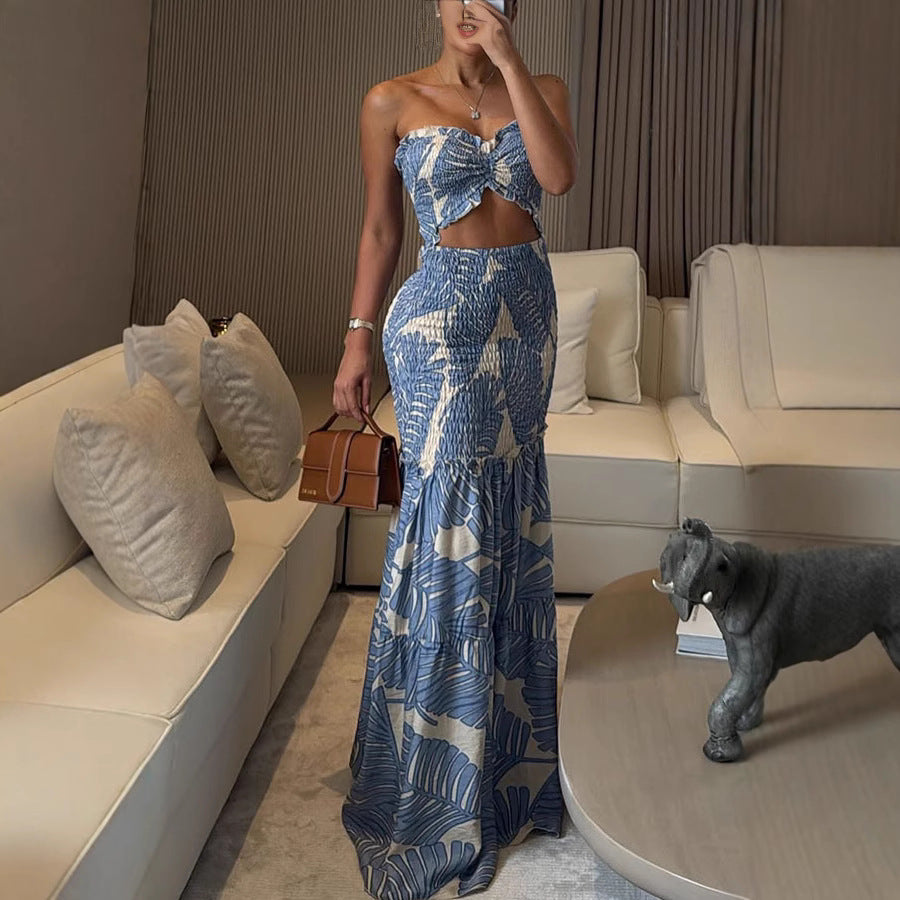 Spring/Summer Halter Neck Print Pleated Casual Loose Holiday Dress for Women 6