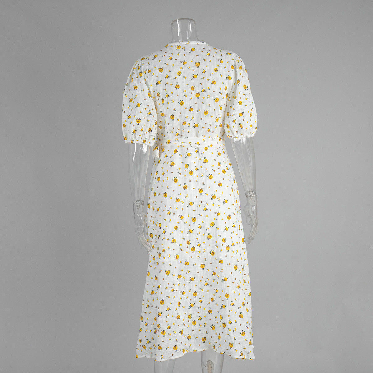 Cotton Floral Print Summer Lace-Up Bubble Sleeve Maxi Dress 7