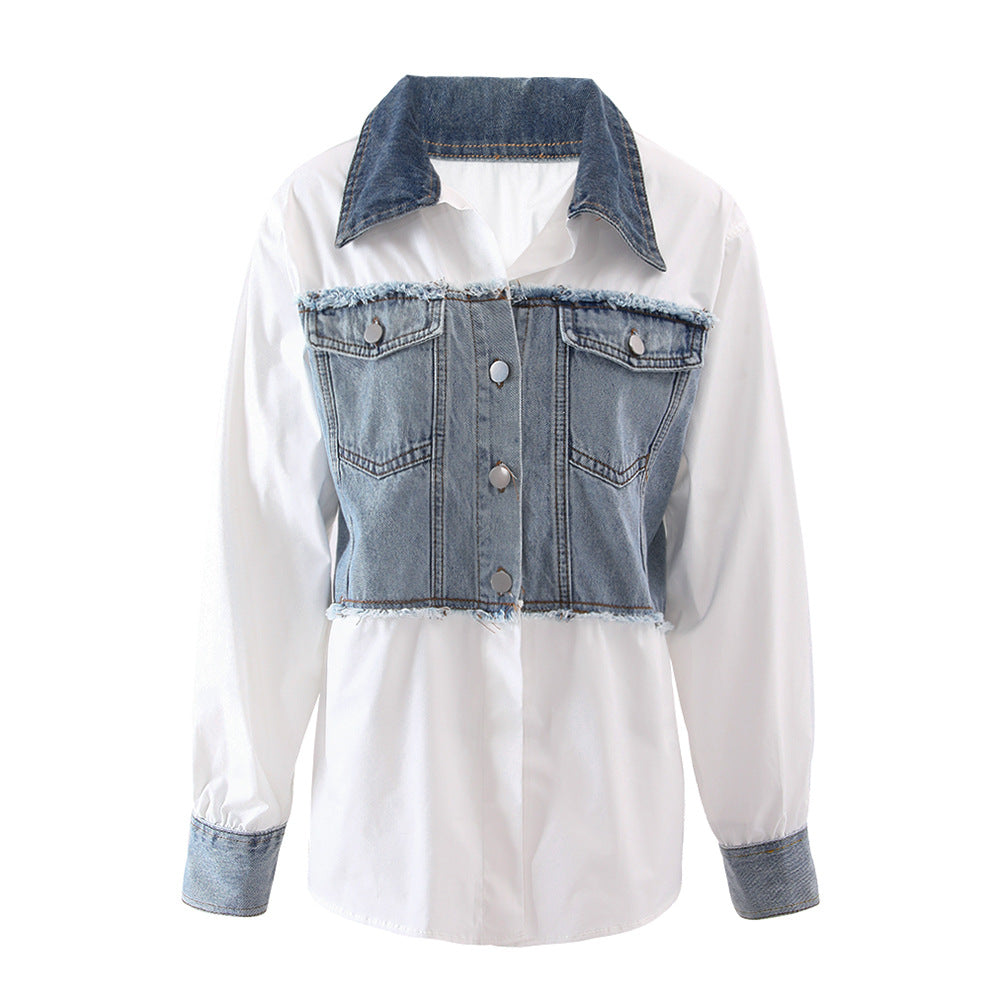 Women American Retro Color-blocking Patchwork Denim Shirt 6