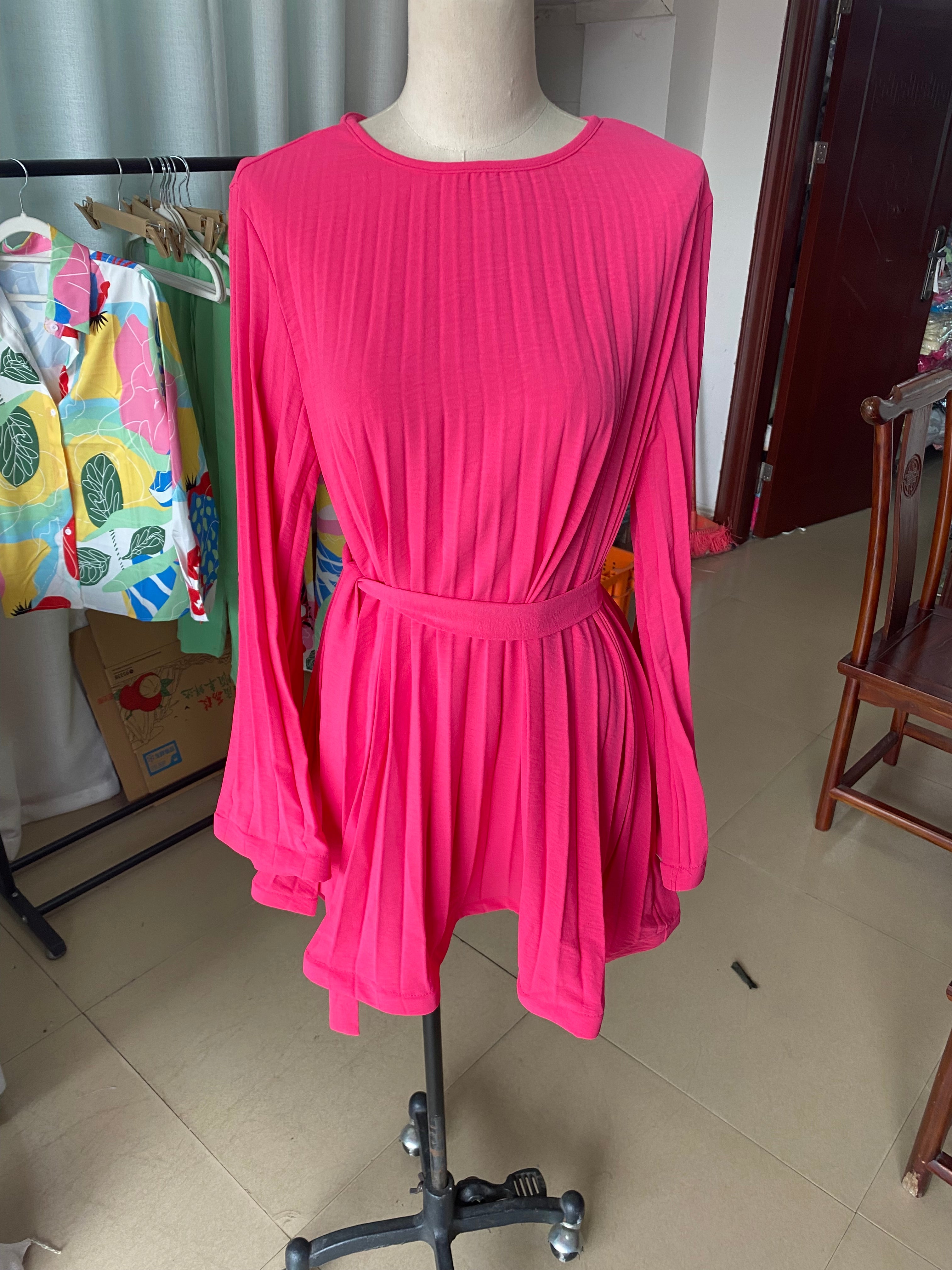 Women's Fashionable Loose Pleated Chic Women's Long Sleeve Casual Short Dress 13