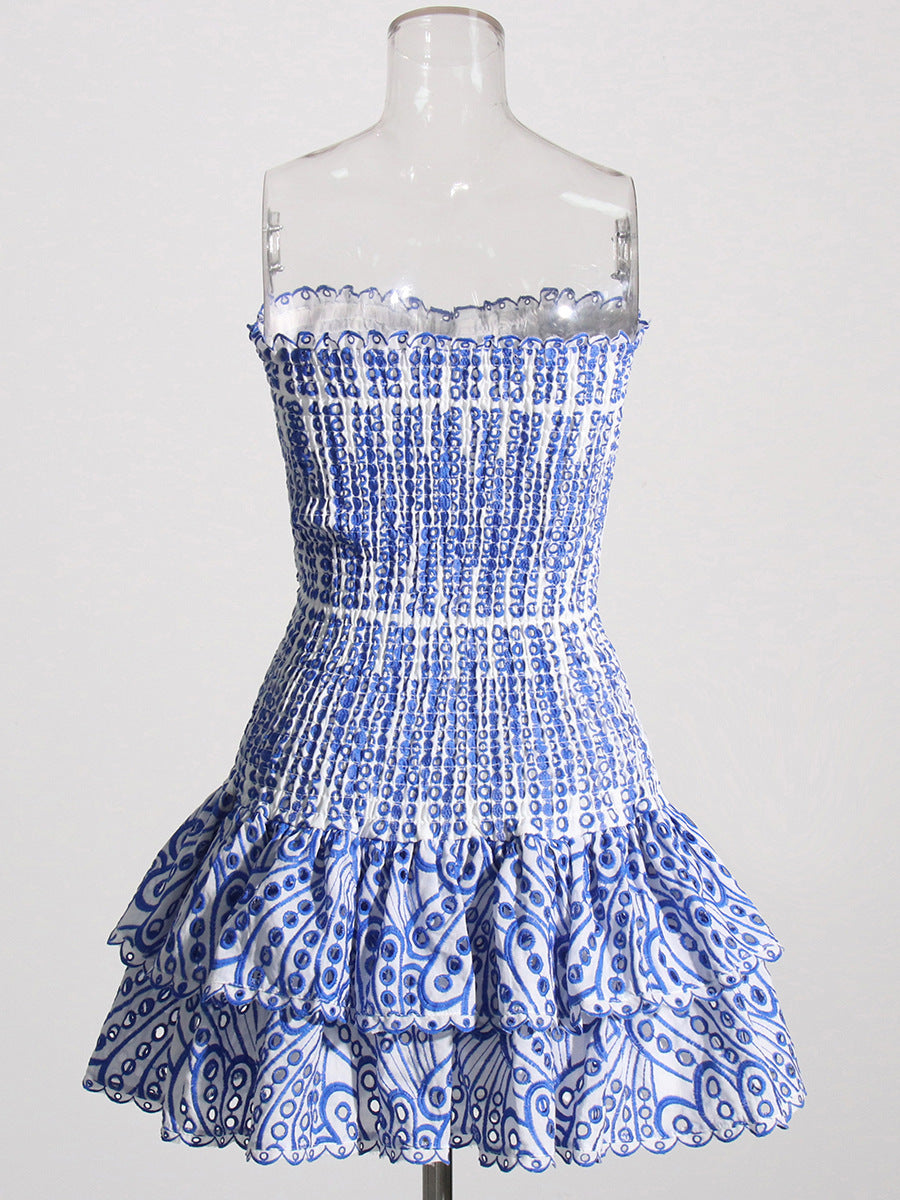 Bohemian Holiday Strapless Slim Waist Mini Cascading Ruffles Dress 5