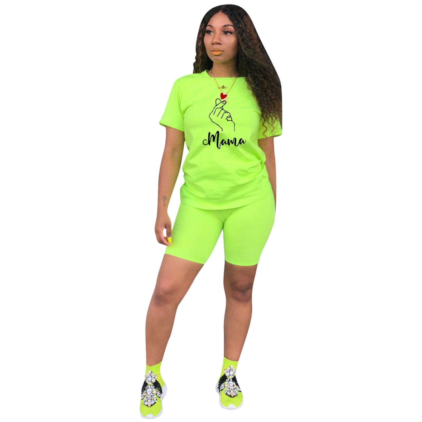 Women's Mother's Day print sports two-piece shorts set 19