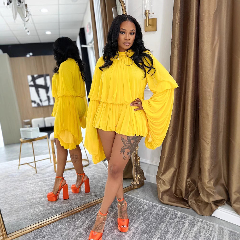 Women's Casual Solid Color Shorts & Round Neck Lantern Sleeve Top Two-Piece Set