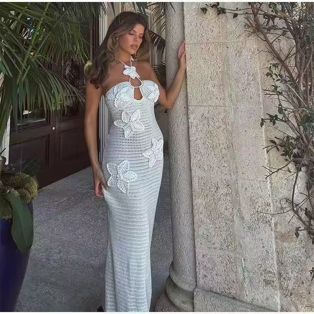 Women autumn Soid flower strap off-shoulder see-through dress 10