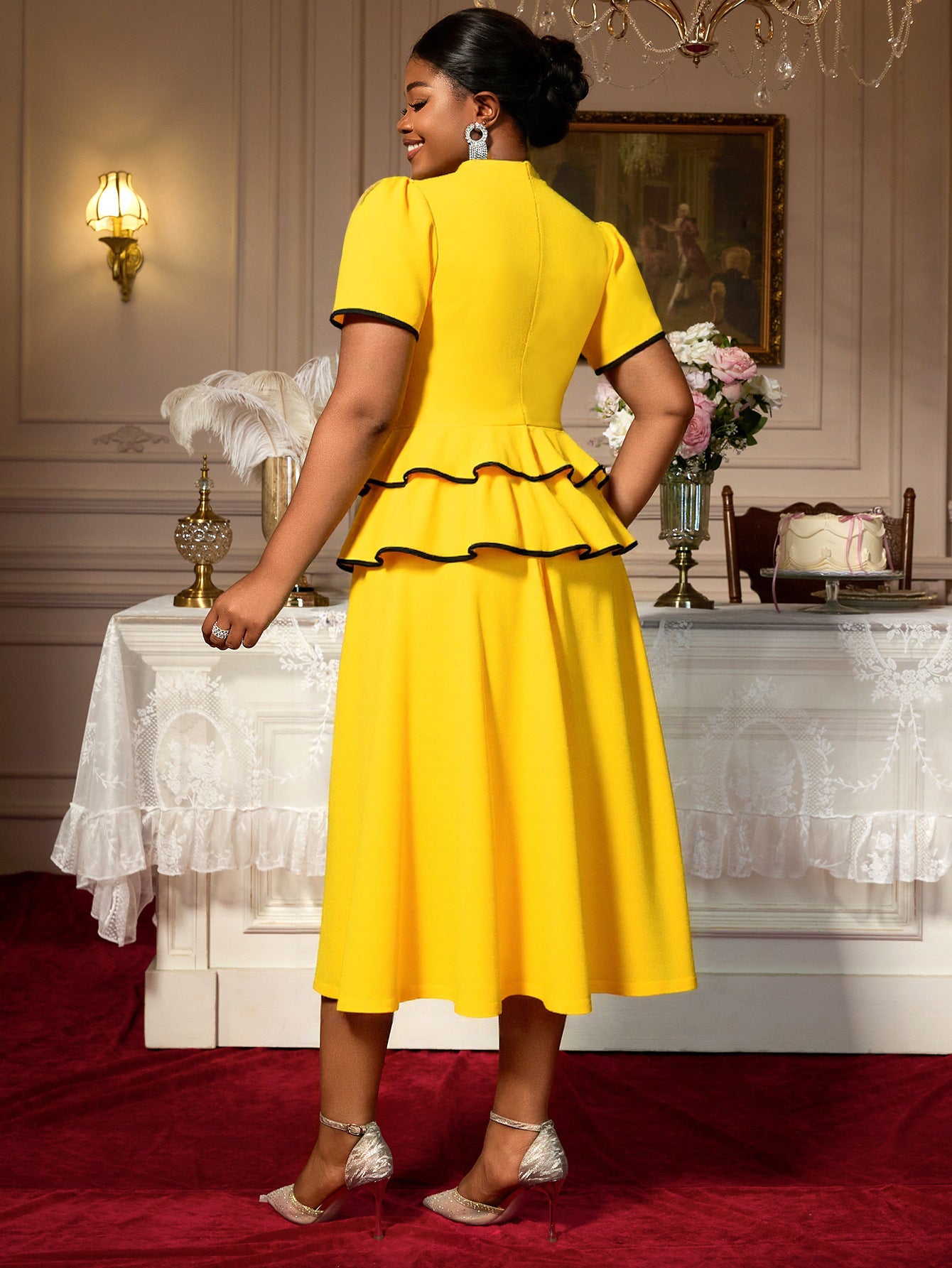 Plus-Size Women Evening Gown with a Playful Short-Sleeved Layered Ruffled Dinner Party Dress 3