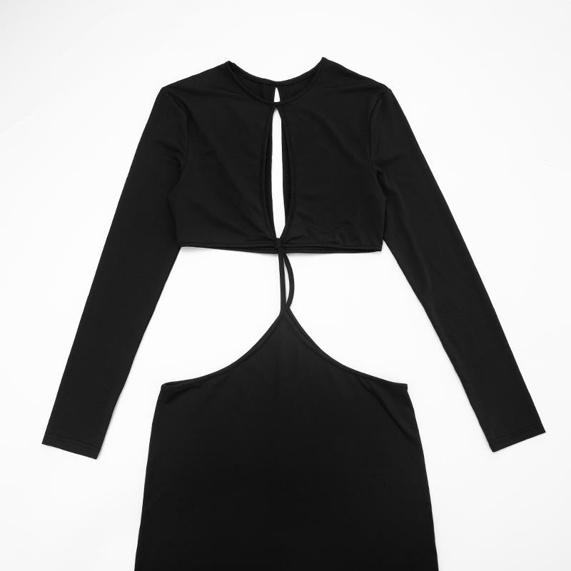 Women's Sexy Hollow Out Round Neck Long Sleeve Open Waist Slim Maxi Dress 21