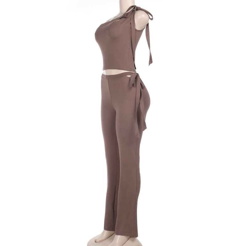 Women Spring Slash Shoulder Lace-Up Crop Top and Two Piece Set 11